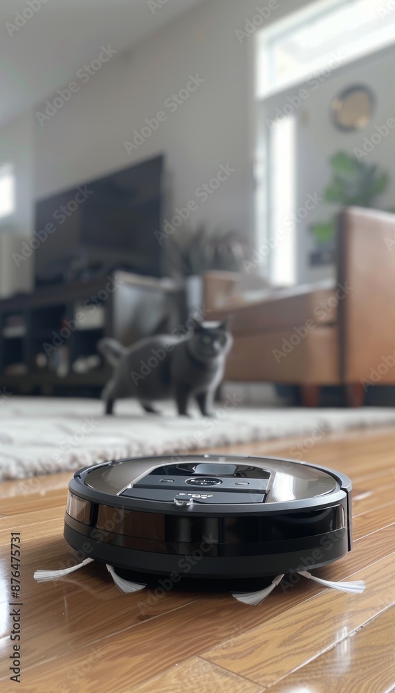 Robotic Vacuum Cleaner Efficiently Cleaning Pet Hair in a Modern, Pet-Friendly Home Robotic Vacuum Cleaner Efficiently Cleaning Pet Hair in a Modern, Pet-Friendly Home
