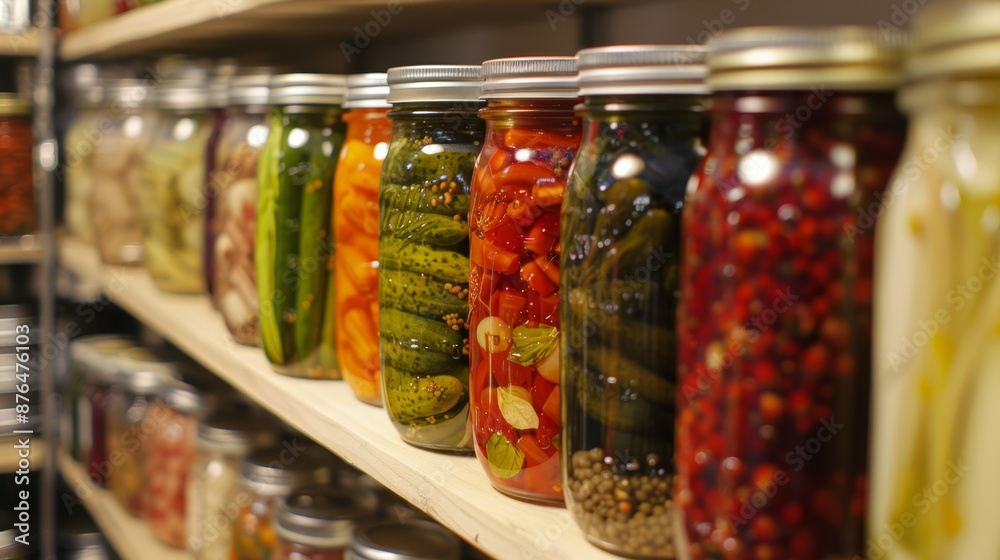 Homemade Pickled Vegetables on Pantry Shelf - Variety of Preserved Produce Display