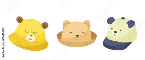 Childish cotton hat and sport cap with cute animal design cartoon set isolated on white background