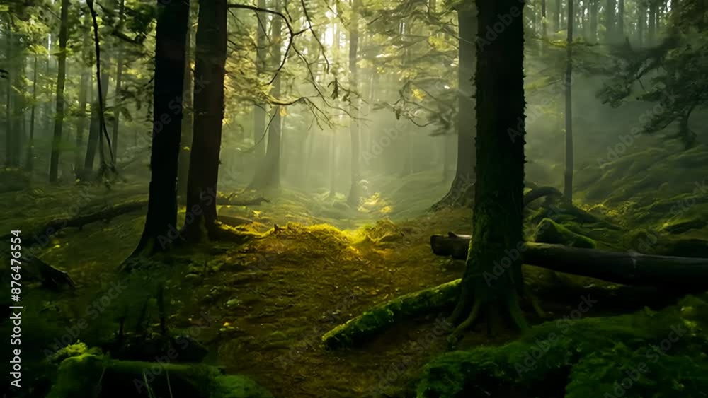 Sunlight Through The Trees in a Misty Forest Sunlight Through The Trees in a Misty Forest