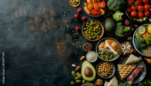 Wallpaper Mural Many different healthy food on dark textured table, flat lay Torontodigital.ca