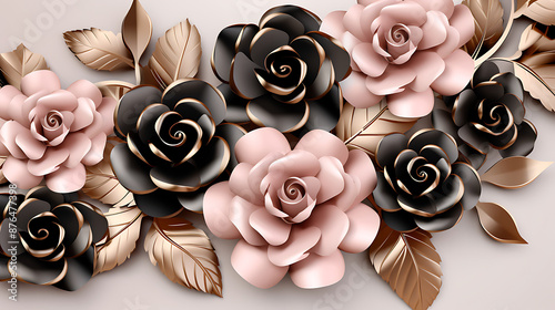 Black and pink roses with golden leaves on a beige background. photo