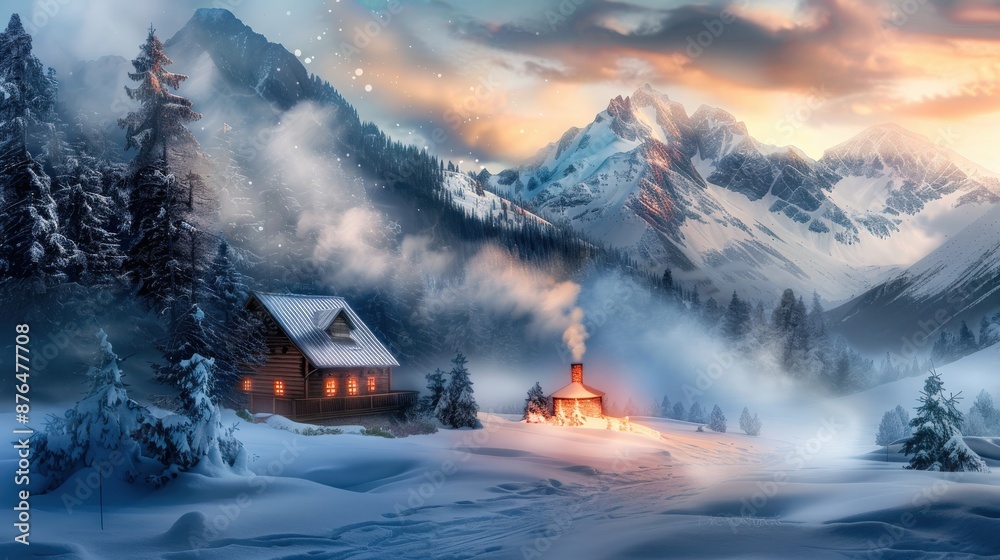 A cozy cabin in the mountains with a fireplace and a tree in front of it. The mountains are covered in snow and the sky is cloudy A cozy cabin in the mountains with a fireplace and a tree in front of it. The mountains are covered in snow and the sky is cloudy