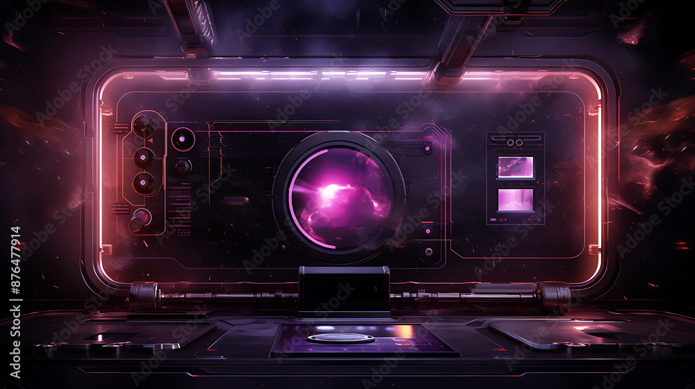 Futuristic spaceship cockpit control panel with a large central screen and various buttons and switches. Futuristic spaceship cockpit control panel with a large central screen and various buttons and switches.