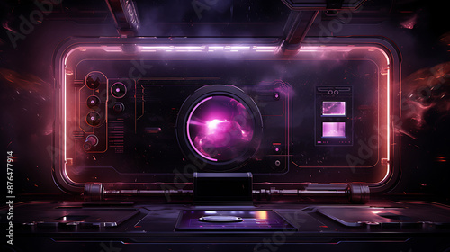 Fototapeta Naklejka Na Ścianę i Meble -  Futuristic spaceship cockpit control panel with a large central screen and various buttons and switches.