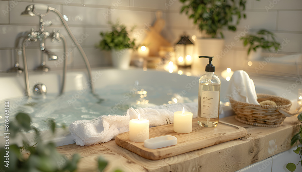Wooden board with spa products on bath tub in bathroom Wooden board with spa products on bath tub in bathroom