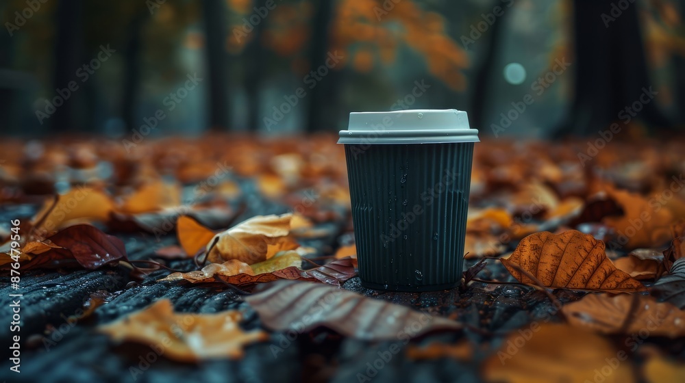 Disposable coffee cup. Cozy environment. Autumn background Disposable coffee cup. Cozy environment. Autumn background