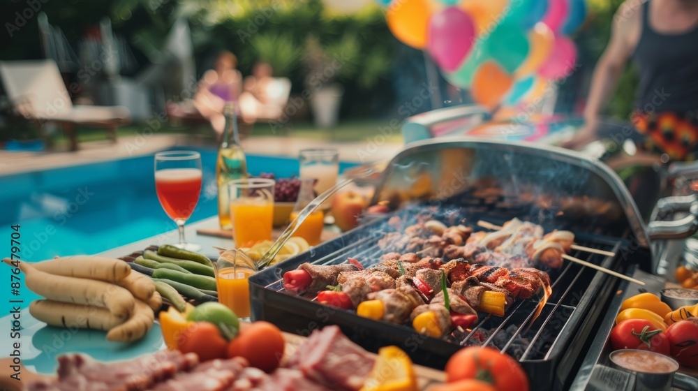 Sizzling Summer Barbecue Party by the Pool with Grilled Meats, Vegetables, and Lively Decorations Sizzling Summer Barbecue Party by the Pool with Grilled Meats, Vegetables, and Lively Decorations