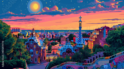 illustration of Parc Guell in Barcelona, colorful flat vector design with white background, detailed, complex, impressionist style, colorful. Parc Güell.