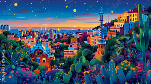 illustration of Parc Guell in Barcelona, colorful flat vector design with white background, detailed, complex, pop art style, colorful. Parc Güell.