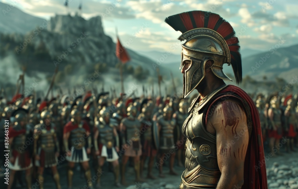 cinematic shot of a spartan warrior standing in front of his army, in an epic, dramatic style cinematic shot of a spartan warrior standing in front of his army, in an epic, dramatic style