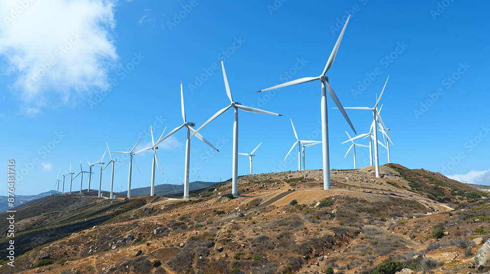 A line of wind turbines atop a hill, producing clean energy as they spin gently in the breeze. A line of wind turbines atop a hill, producing clean energy as they spin gently in the breeze.