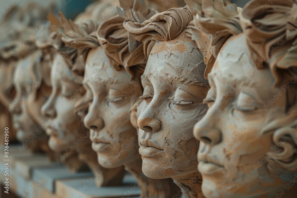 Row of clay heads with different facial expressions and hairstyles, displayed on a wooden shelf Row of clay heads with different facial expressions and hairstyles, displayed on a wooden shelf