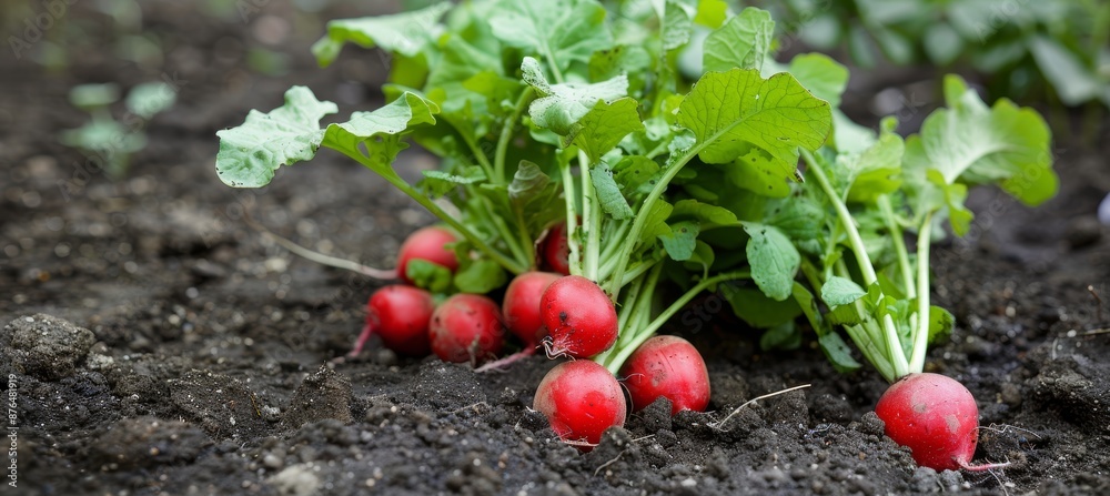Freshly Picked Radishes with Green Tops in Garden Soil - Organic Gardening and Harvesting Concept Freshly Picked Radishes with Green Tops in Garden Soil - Organic Gardening and Harvesting Concept