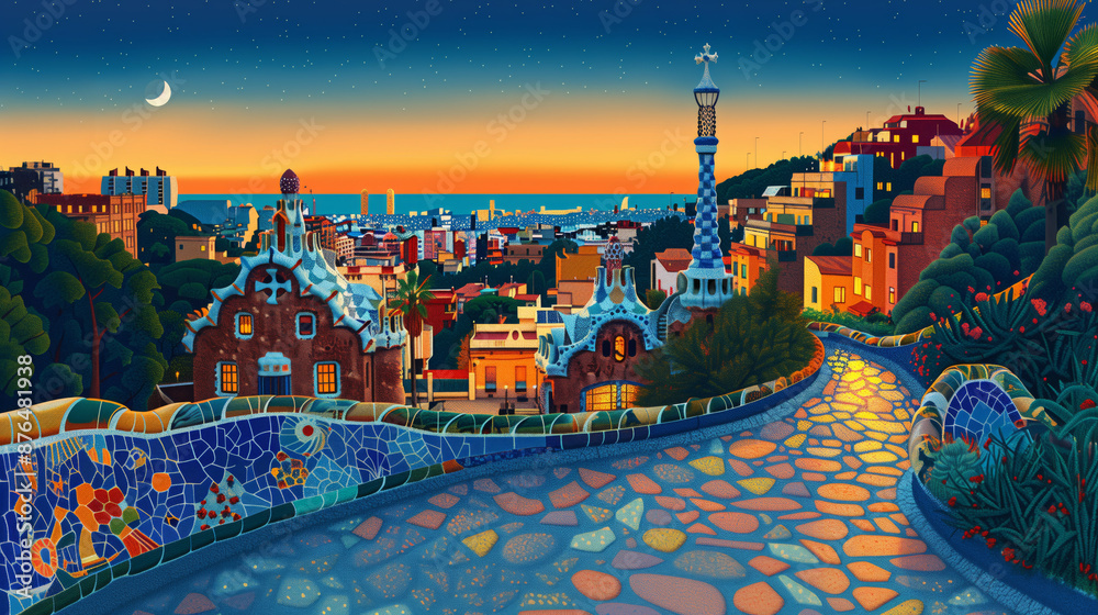Obraz premium illustration of Parc Guell in Barcelona, colorful flat vector design with white background, detailed, complex, contemporary style, colorful. Parc Güell.