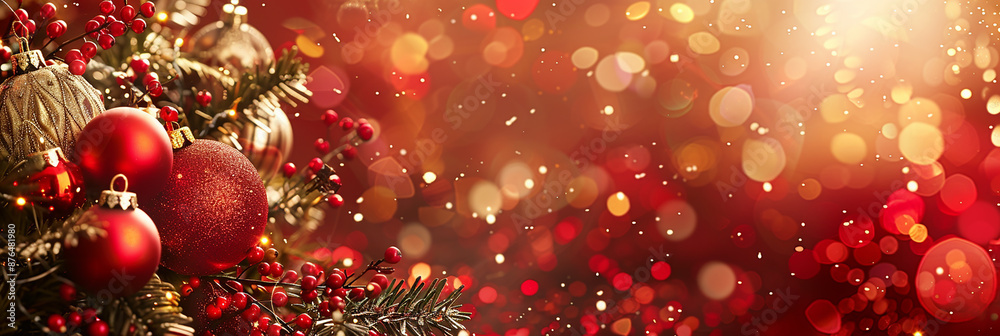 New Year banner with free space for text with Christmas tree decorations in red colors New Year banner with free space for text with Christmas tree decorations in red colors