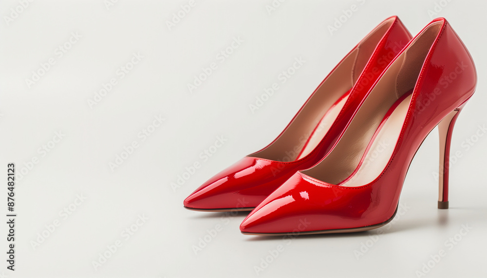 Pair of shiny red high-heeled shoes with pointed toes, placed on a white background, showcasing their elegance Pair of shiny red high-heeled shoes with pointed toes, placed on a white background, showcasing their elegance