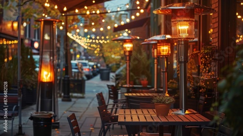 Cozy Autumn Evening at an Urban Café with Outdoor Heaters and Festive Lighting
