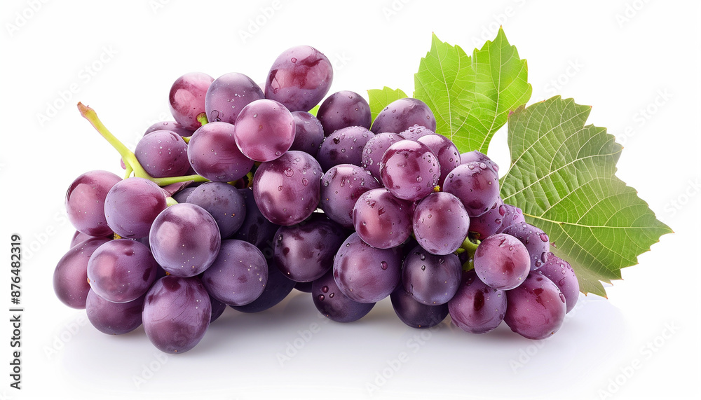 Bunch of ripe purple grapes with vibrant green leaves, arranged on a white background, highlighting their freshness Bunch of ripe purple grapes with vibrant green leaves, arranged on a white background, highlighting their freshness