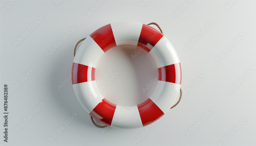 Red and white striped life preserver ring, viewed from above on a plain white background, symbolizing safety Red and white striped life preserver ring, viewed from above on a plain white background, symbolizing safety