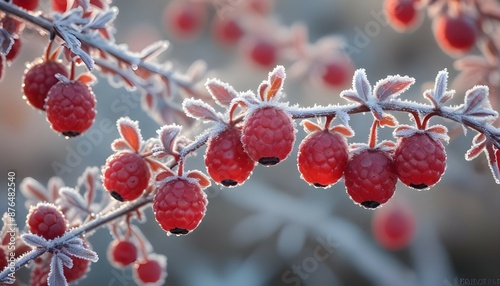 Frost-covered berries hanging from a bush, sparkling in the morning light.