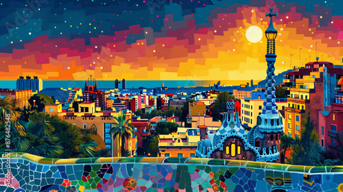 illustration of Parc Guell in Barcelona, colorful flat vector design with white background, detailed, complex, impressionist style, colorful. Parc Güell.