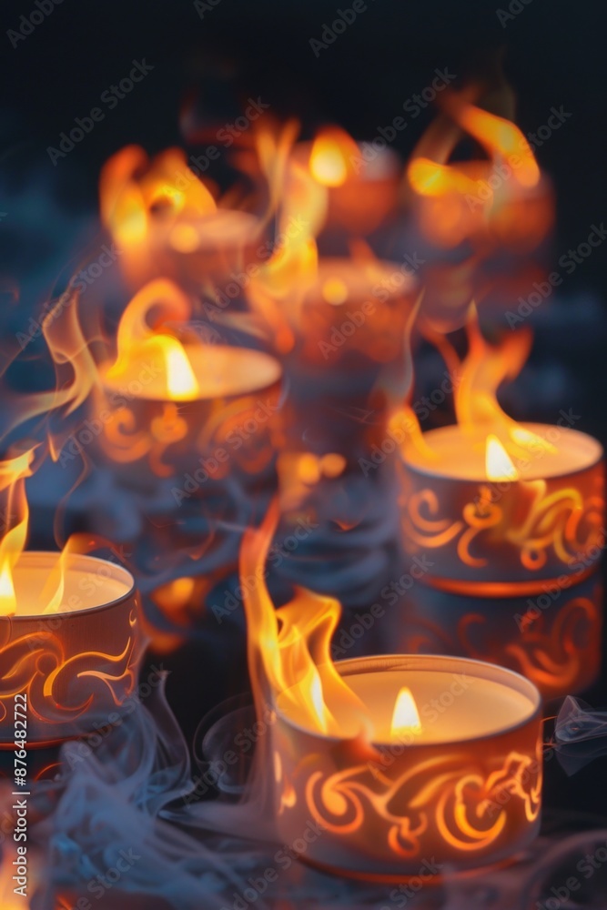 A group of lit candles sitting on top of a table, perfect for decorations or photography props A group of lit candles sitting on top of a table, perfect for decorations or photography props