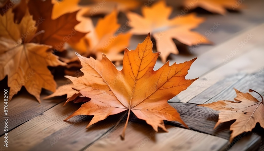 Fallen orange and brown maple leaves on a wooden surface, with a blurred background, vibrant color palette, studio lighting, copy background, professional grading, advertising Fallen orange and brown maple leaves on a wooden surface, with a blurred background, vibrant color palette, studio lighting, copy background, professional grading, advertising