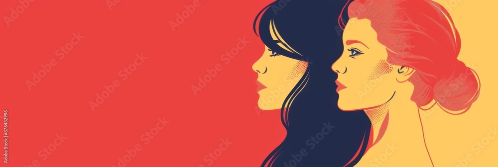Women's Equality Day. Horizontal banner. Women's faces in profile, red background. Flat illustration. Free space for text, copy space. Concept of women empowerment, women's rights Women's Equality Day. Horizontal banner. Women's faces in profile, red background. Flat illustration. Free space for text, copy space. Concept of women empowerment, women's rights