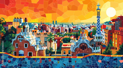 illustration of Parc Guell in Barcelona, colorful flat vector design with white background, detailed, complex, pop art style, colorful. Parc Güell.