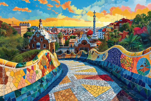 illustration of Parc Guell in Barcelona, colorful flat vector design with white background, detailed, complex, pop art style, colorful. Parc Güell.