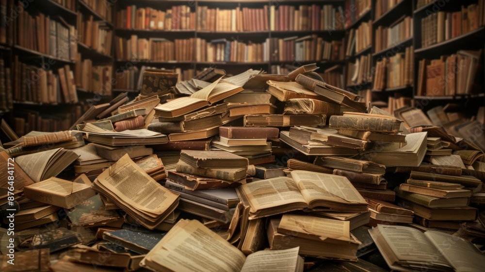 Fototapeta premium A library with a pile of books on the floor. The books are old and dusty, and the pile is so high that it almost reaches the ceiling. Concept of nostalgia and the importance of preserving knowledge