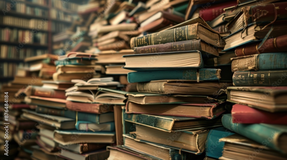A library with a pile of books on the floor. The books are old and dusty, and the pile is so high that it almost reaches the ceiling. Concept of nostalgia and the importance of preserving knowledge A library with a pile of books on the floor. The books are old and dusty, and the pile is so high that it almost reaches the ceiling. Concept of nostalgia and the importance of preserving knowledge