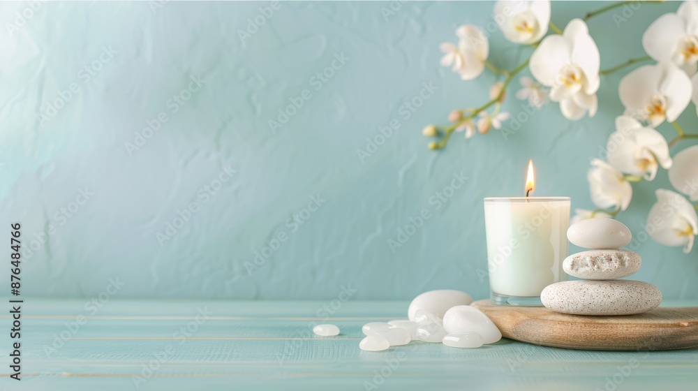 White candles and orchids on smooth stones with soft bokeh light background. Elegant and serene spa or relaxation concept. White candles and orchids on smooth stones with soft bokeh light background. Elegant and serene spa or relaxation concept.
