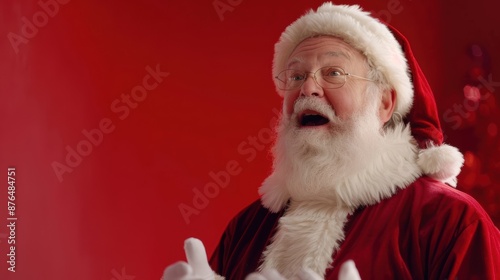 Surprised Santa Claus in traditional red suit and hat with wide-open mouth and expressive eyes, standing against a red background. Holiday surprise concept.