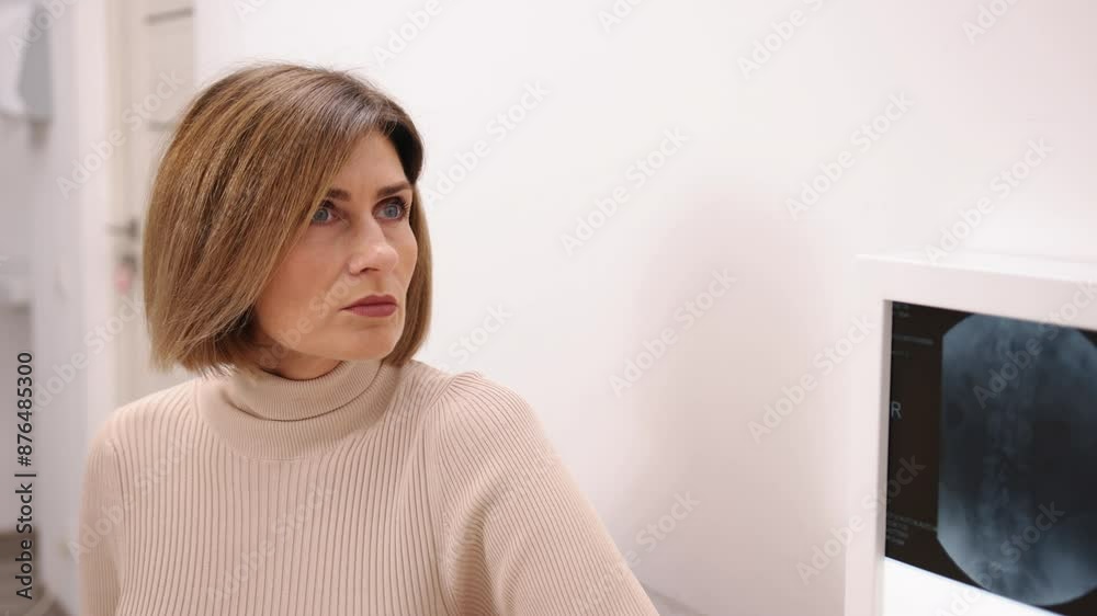 Medical Consultation, Doctor Consultation, Doctor Opinion. Middle-aged woman appears worried during her medical consultation as X-rays hang in background. Medical Consultation, Doctor Consultation, Doctor Opinion. Middle-aged woman appears worried during her medical consultation as X-rays hang in background.
