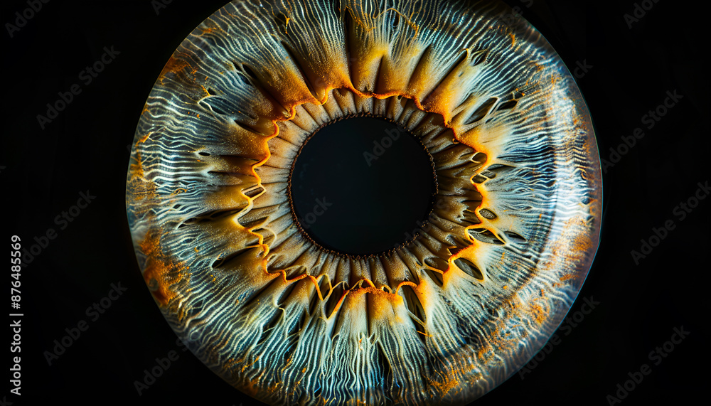 © Oleksiy - Close up of eye iris on black background, macro, photography.