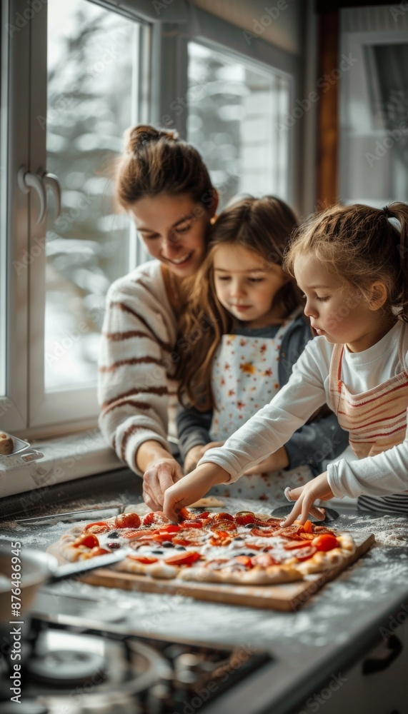 Ultra sharp image of a joyful family moment in the kitchen, as a mom and her children delight