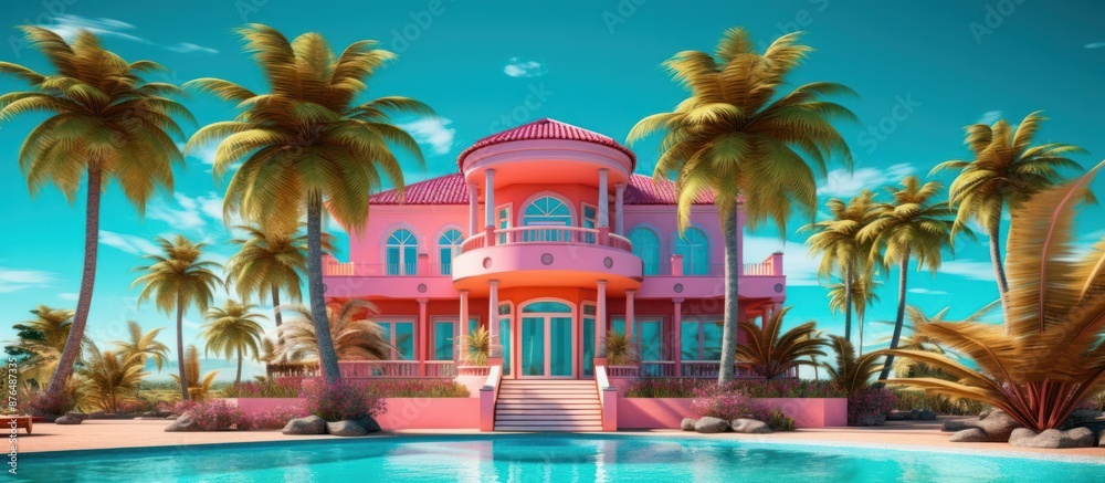 Obraz premium Pink Tropical Paradise: A Luxurious Mansion With Swimming Pool