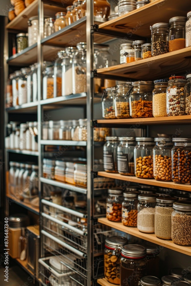 Kitchen pantry storage room meticulously organized with food containers, glass jars neatly arranged Kitchen pantry storage room meticulously organized with food containers, glass jars neatly arranged