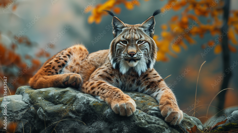 Obraz premium Photographie animalière d'un lynx couché sur une pierre dans son état naturel, faune sauvage des forêts d'Europe