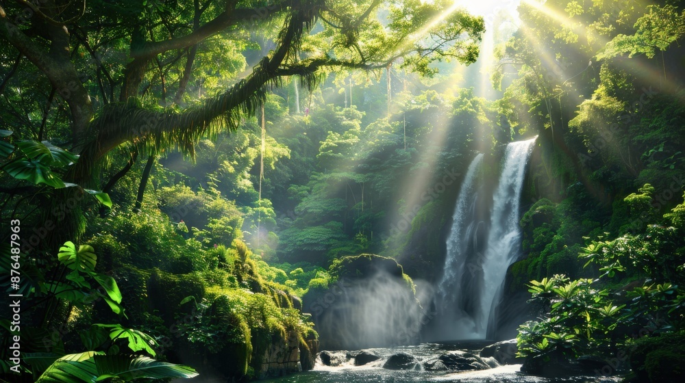 A waterfall is flowing into a river in a lush green forest. The sunlight is shining through the trees, creating a serene and peaceful atmosphere A waterfall is flowing into a river in a lush green forest. The sunlight is shining through the trees, creating a serene and peaceful atmosphere