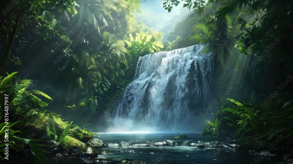 A waterfall is flowing into a river in a lush green forest. The sunlight is shining through the trees, creating a serene and peaceful atmosphere A waterfall is flowing into a river in a lush green forest. The sunlight is shining through the trees, creating a serene and peaceful atmosphere