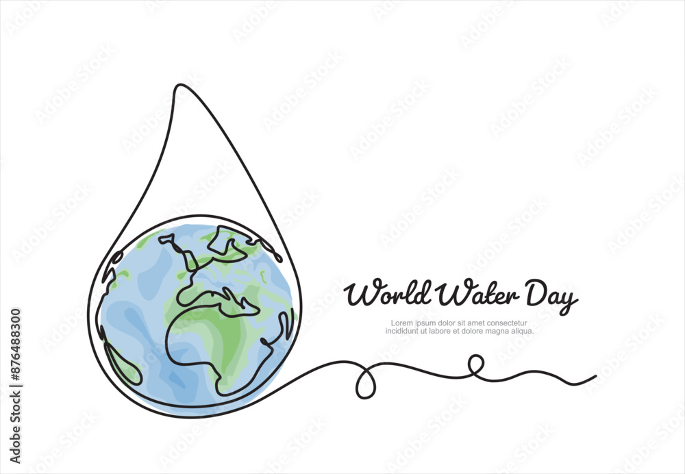 Fototapeta premium Continuous one line drawing earth in water droplets. World water day concept. Single line draw design vector graphic illustration. 