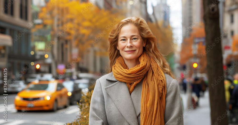 Portrait of middle age Caucasian woman outdoors in Autumn weather in urban city, copy space Portrait of middle age Caucasian woman outdoors in Autumn weather in urban city, copy space