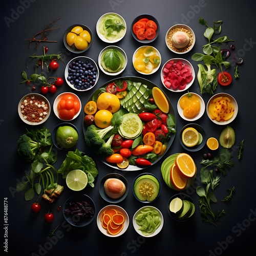 Healthy eating concept. Various fruits and vegetables on black background. © Iman