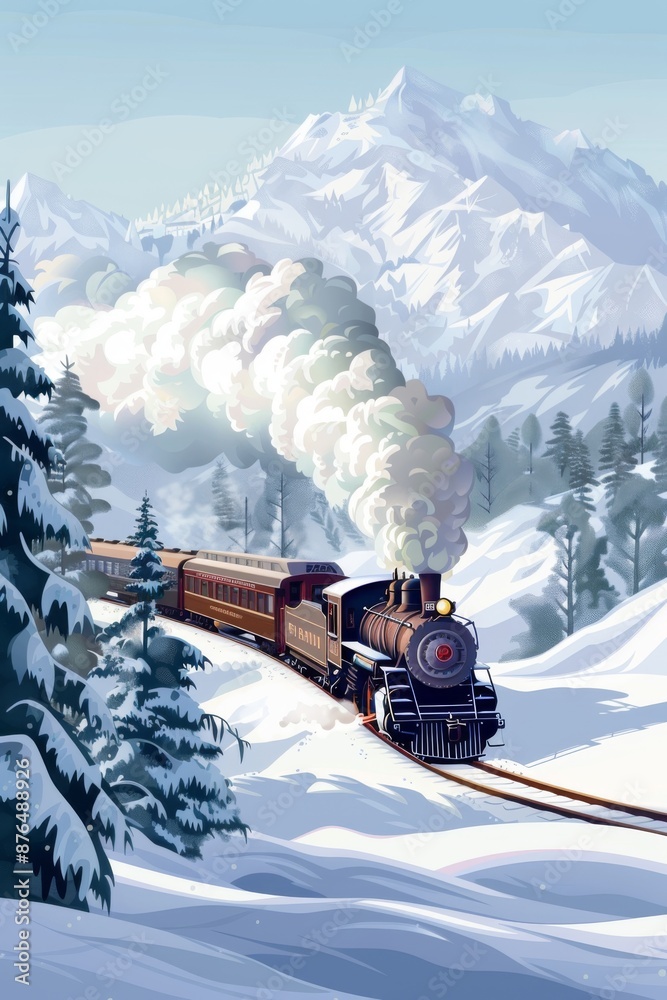A passenger train chugs through a serene snow-covered landscape, leaving behind a trail of white smoke. The frosty scenery is a perfect winter wonderland backdrop.