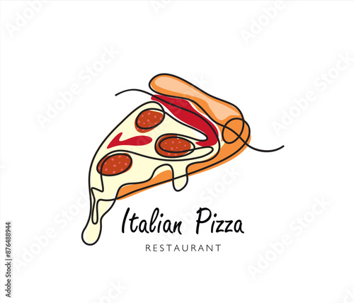 Continuous one line drawing of Piece of pizza for restaurant logo badge. Italian pizzeria logotype template concept isolated on white background. Trendy single line draw design with quote template.	