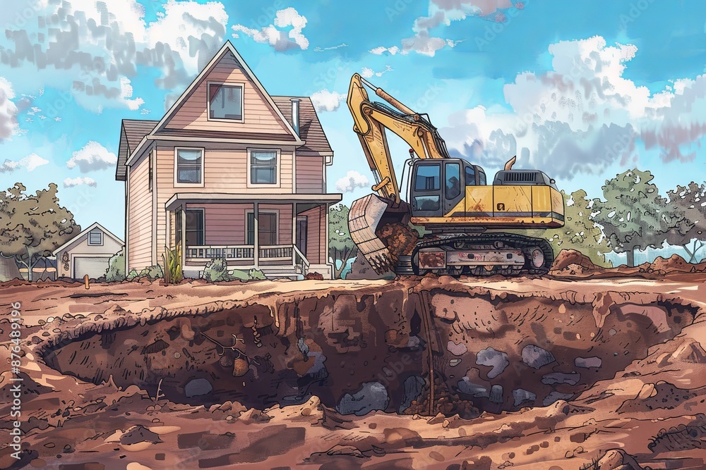 Fototapeta premium Yellow Excavator Digging Foundation Pit For Two-Story House