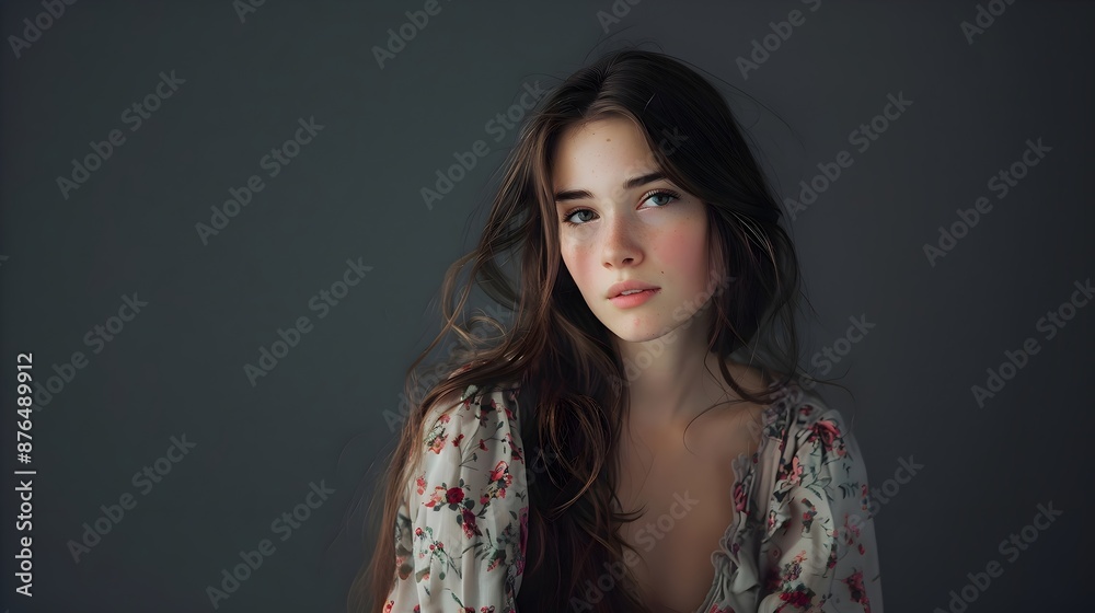Portrait Young Woman Floral Dress Elegant Gaze Serene Beauty Natural Light Studio Shot Portrait Young Woman Floral Dress Elegant Gaze Serene Beauty Natural Light Studio Shot